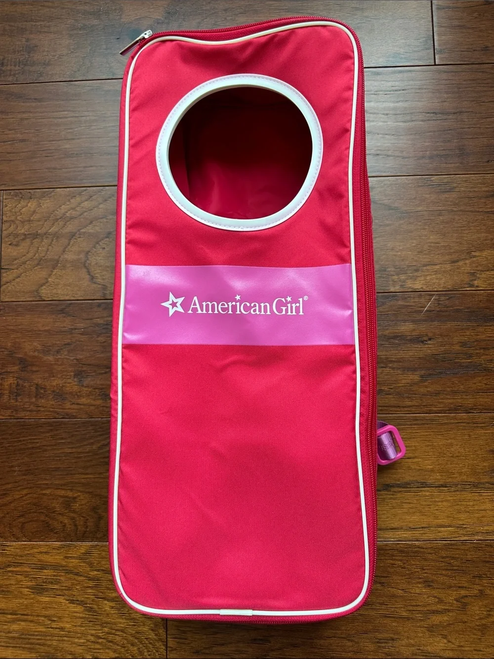 American Girl Red and Pink Doll Carrier with White Trim